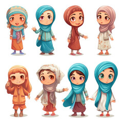 set of different multipose muslim kids  illustration isolated on white background, hand draw style.
