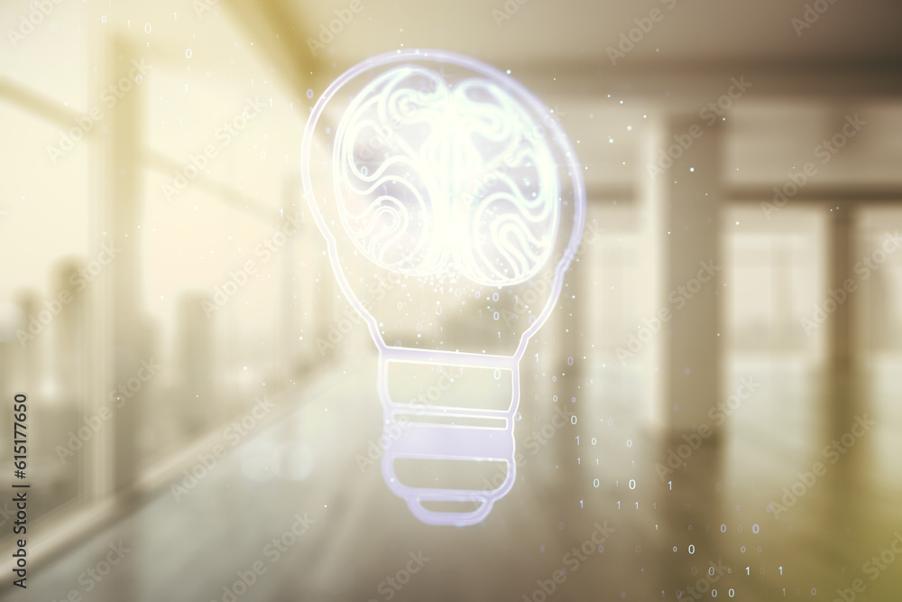 Poster abstract virtual creative light bulb with human brain hologram on empty classroom background, artifi