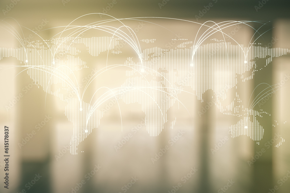 Poster double exposure of abstract digital world map hologram with connections on empty modern office backg