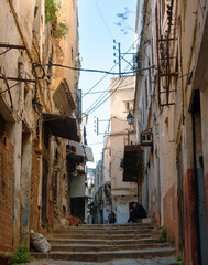 Street scene in the Casbah of Algiers (Alger), Algeria. Stone stairs and ancient ottoman houses.