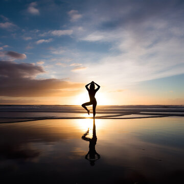 yoga on the beach at sunset, Silhouette Serenity: Yoga Harmony at a Wide Open Beach in England's Summer Sundown