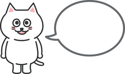 Smiling white cartoon cat talks something with a speech bubble. Vector illustration.