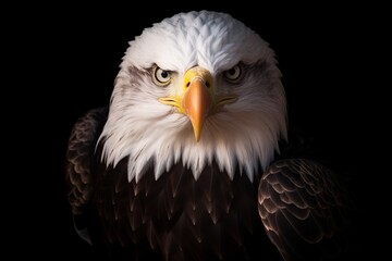 Obraz premium A powerful portrait of an attentive Bald Eagle, its piercing gaze fixed directly into the camera, embodying strength and focus. Generative AI