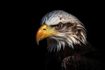 Fototapeta premium A powerful portrait of an attentive Bald Eagle, its piercing gaze fixed directly into the camera, embodying strength and focus. Generative AI