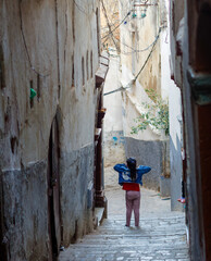 Street scene in the Casbah of Algiers (Alger), Algeria. Young girl getting down stone stairs in the background.