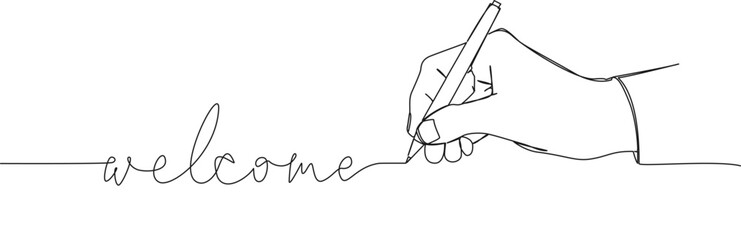 continuous single line drawing of hand with pen writing word WELCOME, line art vector illustration - obrazy, fototapety, plakaty