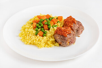 meatballs with rice on white plate