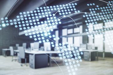 Abstract virtual world map with connections on a modern furnished office background, international trading concept. Multiexposure
