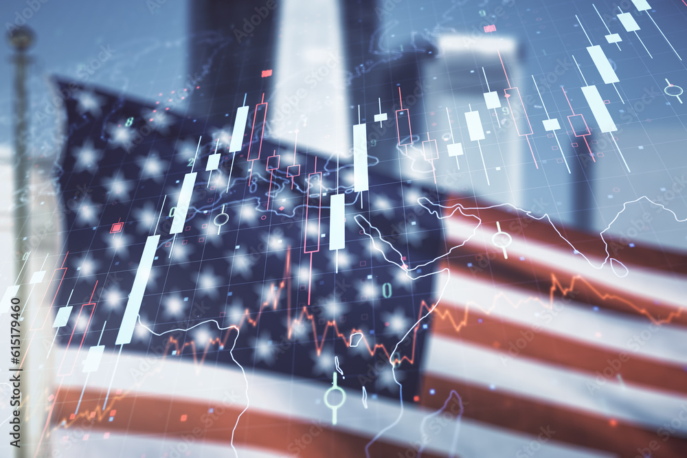 Aufkleber multi exposure of virtual abstract financial graph hologram and world map on us flag and skyline bac