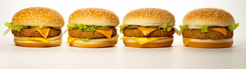 Banner with set of burgers on isolated white background. Generative AI