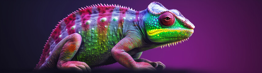 Colorful chameleon on blurred background. Generative AI - obrazy, fototapety, plakaty