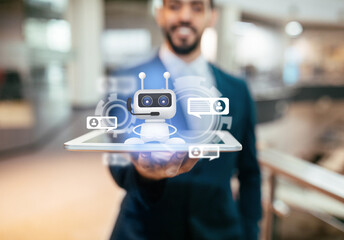 Middle eastern businessman showing digital tablet with chat bot, cropped
