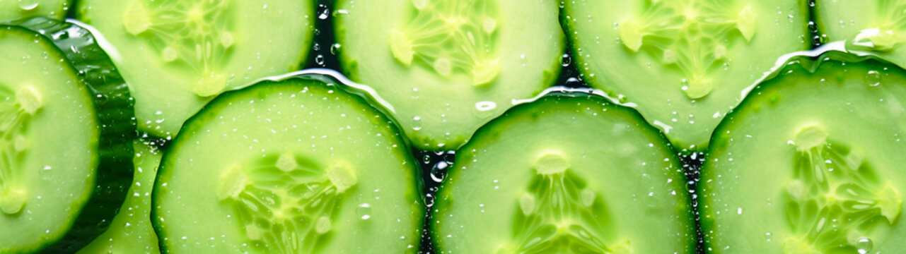 Banner with cucumber slices. Water drops. Background. Generative AI