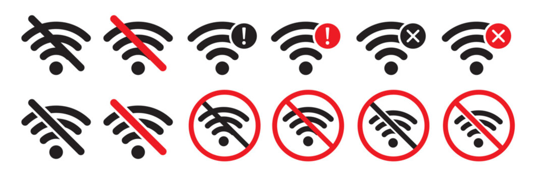 No wifi signal vector icon set in black and red color. Internet service ban icon. Network connection error sign. Connection lost symbol. 