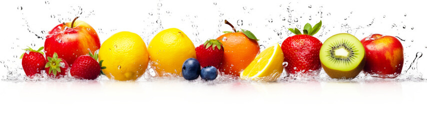 Fototapeta na wymiar Banner with fresh fruits with water drops, isolated on white background. Food background, wallpaper, screensaver. Generative AI 