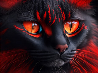 Close up of mystic cat, like a phoenix, Mysterious and mystical look, red and black colors