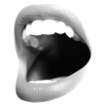 Woman's open lips as retro halftone collage elements for mixed media designs. Screaming mouth in a half-tone texture with a dotted pop art style. Vector illustration of old grungepunk art templates.