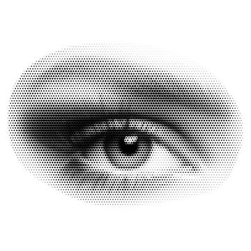 Retro halftone collage eye for use in mixed media designs. Dotted pop art style open human eye with half-tone texture. Vector illustration of vintage grunge punk crazy art stencils.