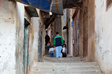 Algiers (Alger), Algeria : Street scene in the Casbah Stone stairs and ancient ottoman houses....