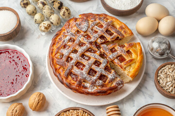 Front close view of delicious jam pie on a white plate honey eggs flour on ice background