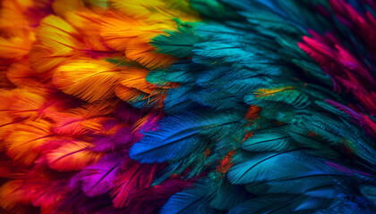 Vibrant colored macaw with fluffy tail in nature backdrop generated by AI