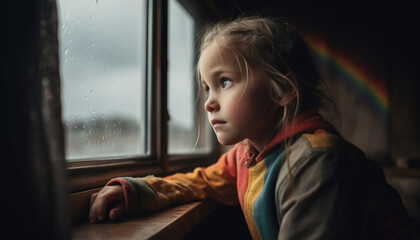 Fototapeta na wymiar A sad girl sitting indoors, looking through the raindrop window generated by AI
