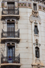 Typical French colonial white facade of a residential building in Algiers (Alger), Algeria....