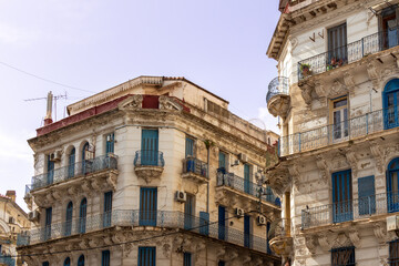 Alger (Algiers), Algeria : urban street perspective of colonial French Renaissance buildings in the center of the city.