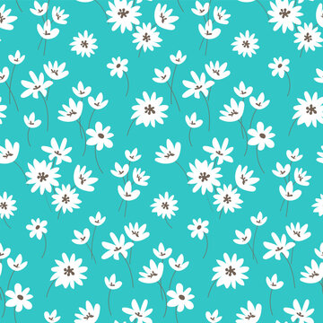 Seamless floral pattern white flowers on turquoise background. Vector illustration. Ditsy style. Design for fabric, wrapping paper, background, wallpaper, kids fashion.