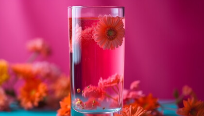 A refreshing cocktail with fruit, ice, and a flower generated by AI