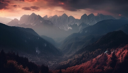 Majestic mountain range at dusk, a tranquil scene of beauty generated by AI