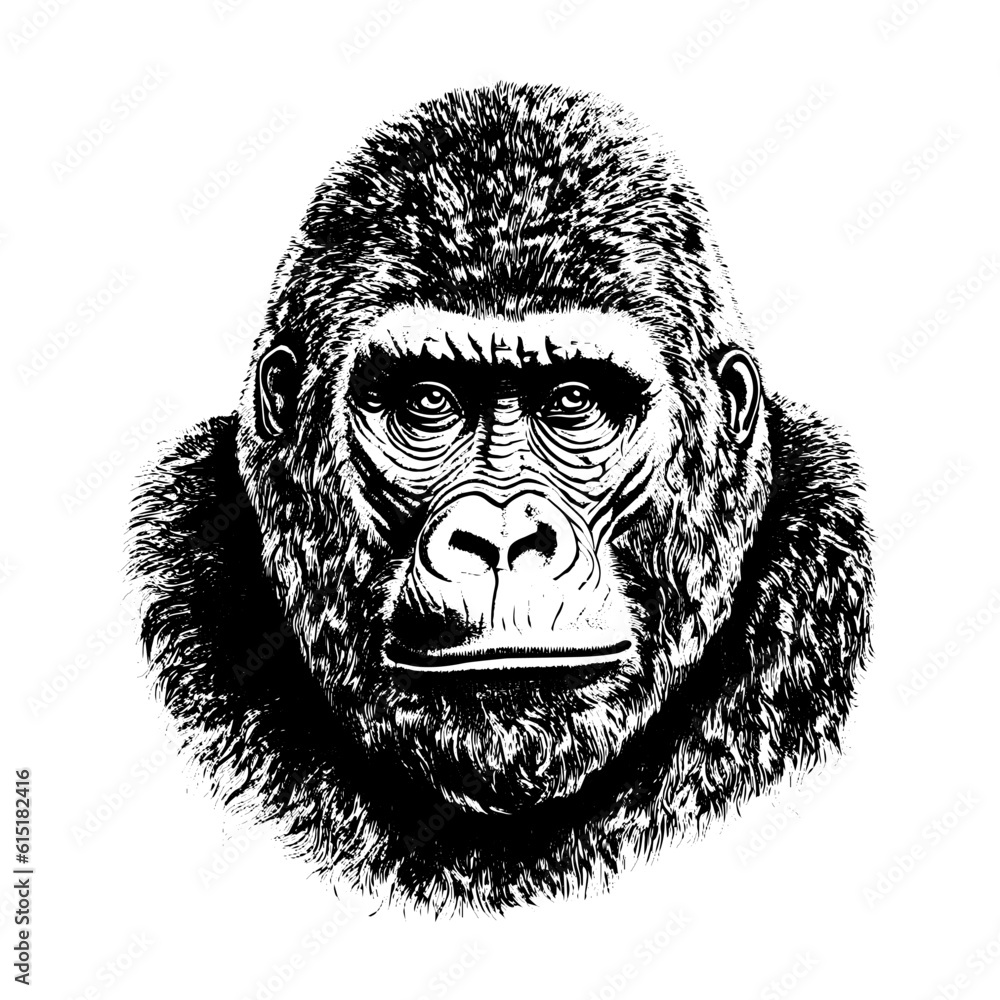 Wall mural gorilla vector drawing. isolated hand drawn, engraved style illustration