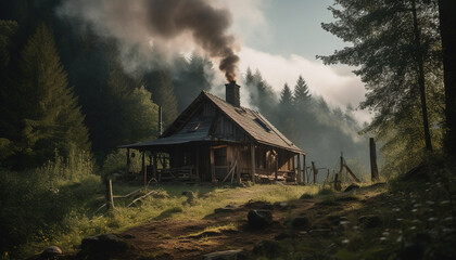 Abandoned hut burning, smoke rising, spooky landscape, nature destruction evident generated by AI