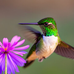 Fototapeta premium Generative AI, Generative, AI, IA, generativa, IA generativa, Close Up de colibrí volando cerca de una flor 