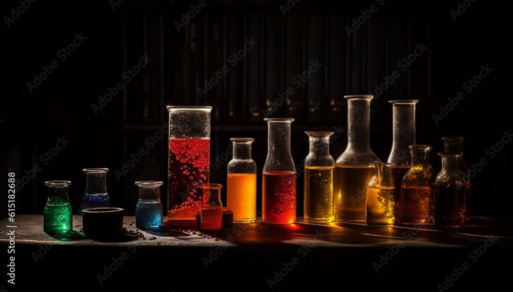 Aufkleber scientist analyzing multi colored liquid variations in laboratory glassware collection generated by 