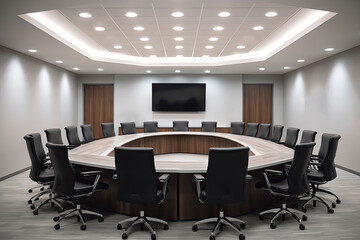Interior of modern meeting room with white walls, concrete floor and wooden conference table. High quality photo