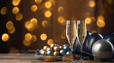 Glasses of champagne and party decorations on dark background, luxury, Gold and Silver, holiday card template, Realistic photo. Party banner, Place for text. generativeAI