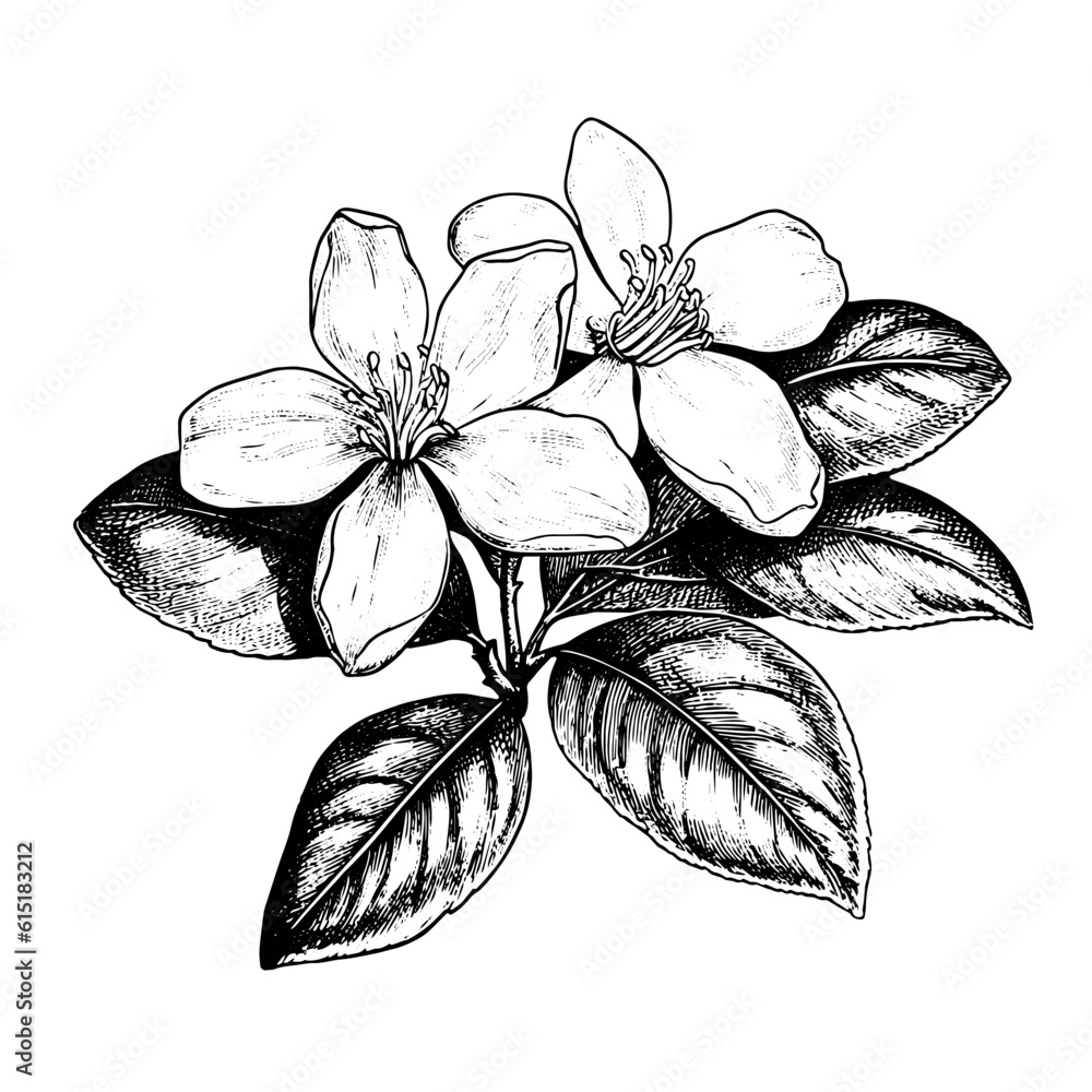 Sticker jasmine vector drawing. Isolated hand drawn, engraved style illustration