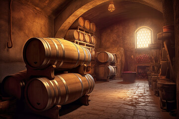Wine Vault. Wooden barrels with an alcoholic drink.