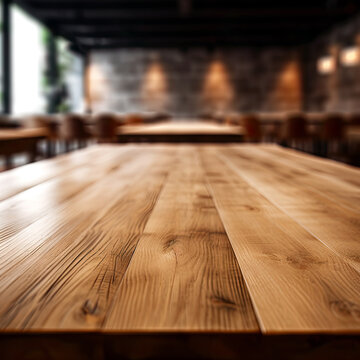 Empty wooden table counter top and restaurant blur background with bokeh image. High quality photo