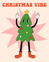 70s, 80s groovy posters, retro print with hippie christmas tree. Cartoon psychedelic landscape, vintage funky print. Christmas vibe, holiday 24 december.