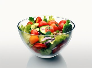 Green salad with tomato and fresh vegetables isolated on white background. Created with Generative AI technology.