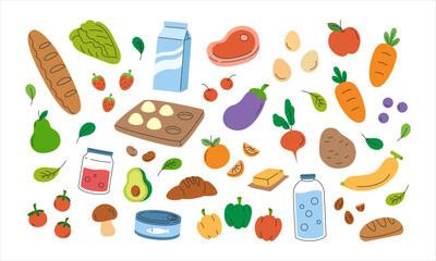Set of grocery. Bundle of fresh foods and beverage, vegetables, fruits, meat, eggs, beans, bread, canned food, water and milk. Nutrition products. Flat vector illustration isolated on white background