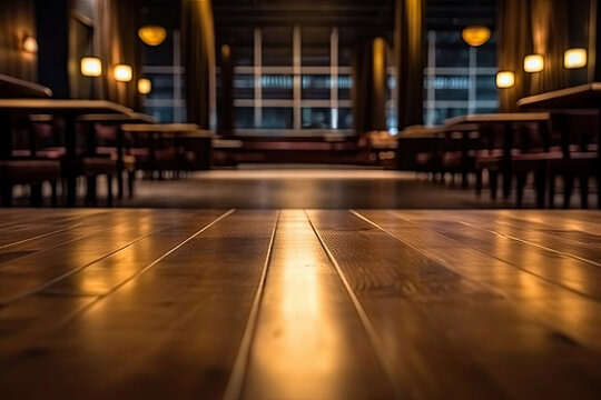 Empty wooden floor in a restaurant with lights on in the background. High quality photo
