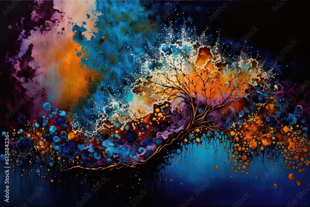 Poster abstract colorful background with tree and watercolor splashes