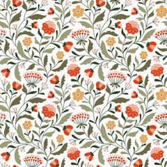 Seamless pattern with stylized flowers and berries. hand drawing