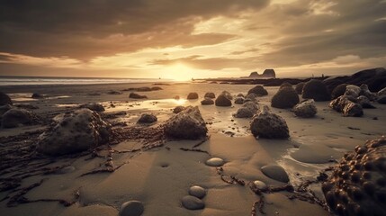 Sunset on the beach with rocks and sand. Toned. Generative AI.