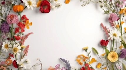 Frame made of flowers on white background. Flat lay, top view, copy space. Generative AI.