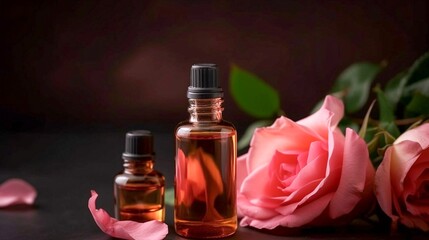 Rose essential oil in a glass bottle with rose petals on dark background. Generative AI.