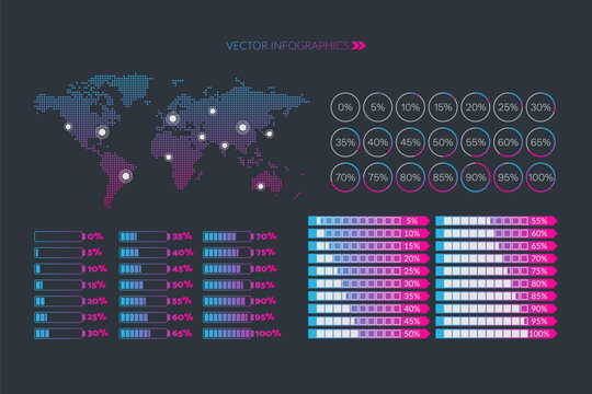 5 10 15 20 25 30 33 35 40 45 50 55 60 65 70 75 80 85 90 95 100 percent chart. World map. Vector percentage set for download, infographic set, progress, business, finance, report